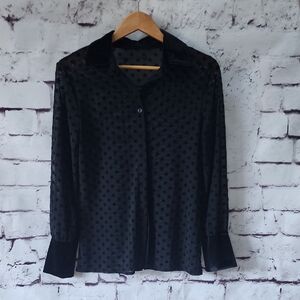 Womens Black Polka Dot Button-Up Shirt Sheer Velvet Collar & Cuffs Office Size M